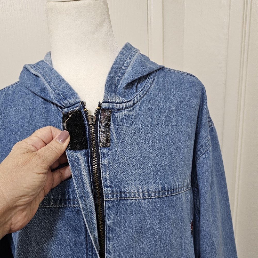 Bill Blass Vintage Hooded Jean Jacket With Novelty Patches Loosefit Womens Large - Picture 11 of 16